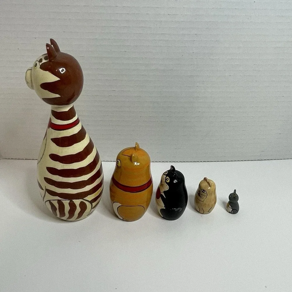 Cat Nesting Dolls Style Animal 5 Doll Set Wood Cat Kitten Kitty Yellow 7
